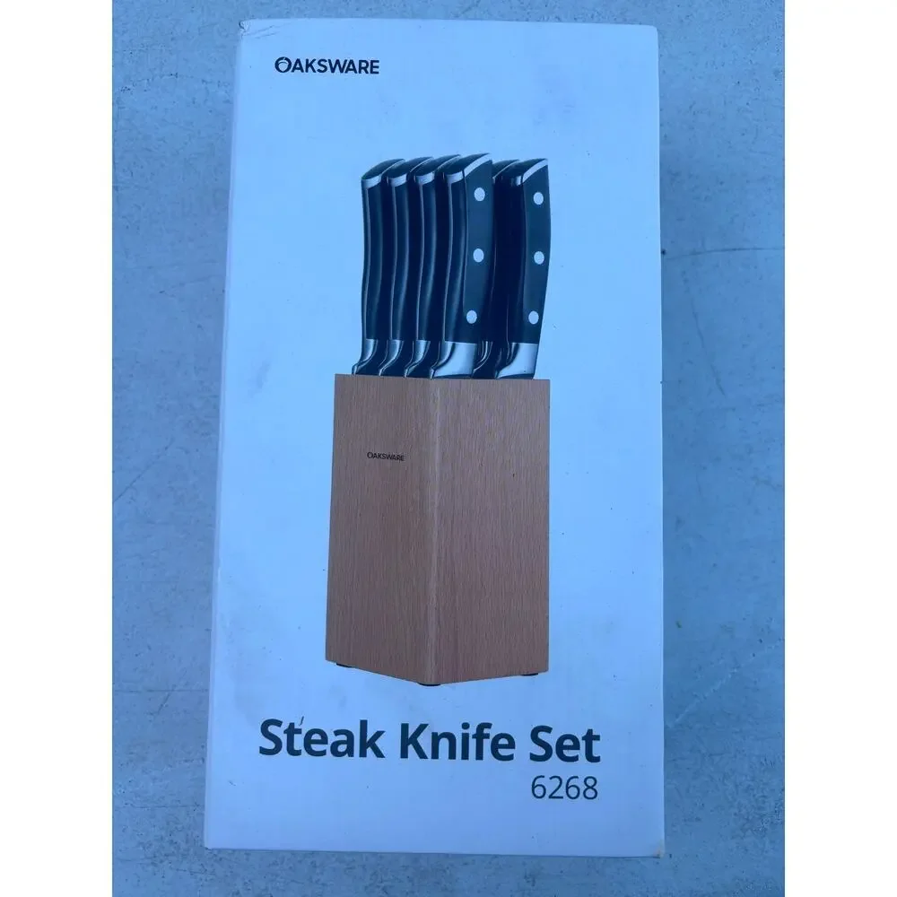 OAKSWARE Steak Knives Set of 8, 5 Inch Non Serrated Knife with Walnut Block